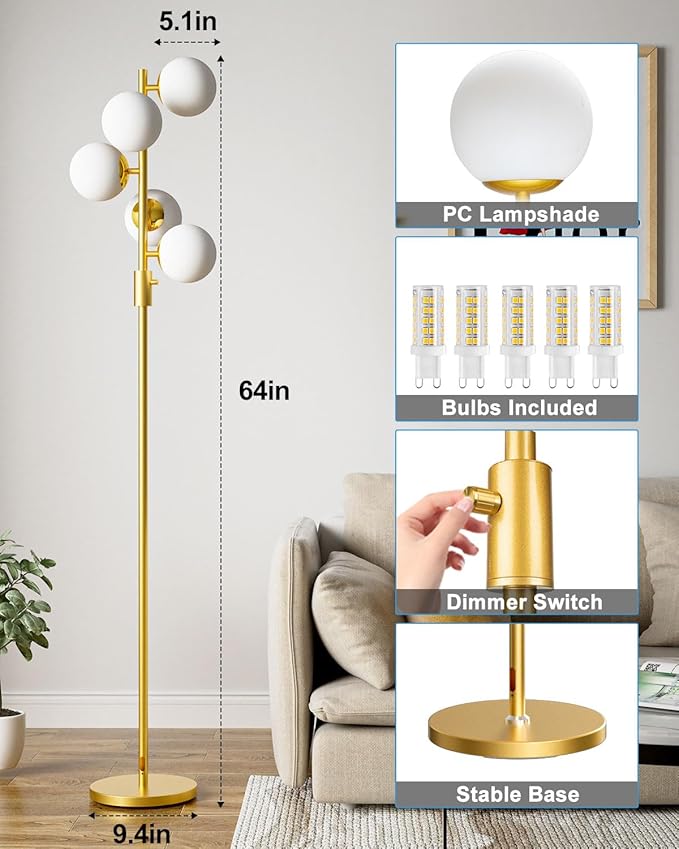 Lightdot Dimmable Globe Floor Lamp Mid Century Modern Floor Lamp with 5Pcs 3000K Bulbs Included Brightness Adjustable Gold Standing Lamps with 5Lbs Heavy Base for Living Room/Bedroom/Sofa Beside