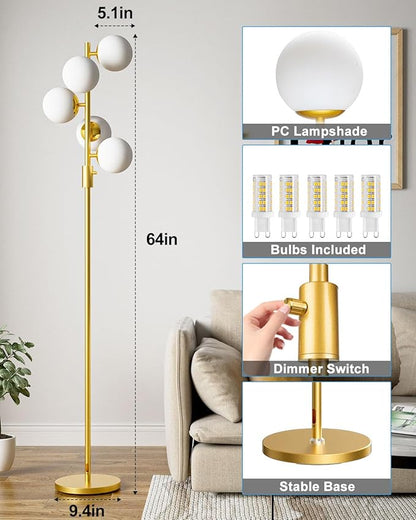 Lightdot Dimmable Globe Floor Lamp Mid Century Modern Floor Lamp with 5Pcs 3000K Bulbs Included Brightness Adjustable Gold Standing Lamps with 5Lbs Heavy Base for Living Room/Bedroom/Sofa Beside