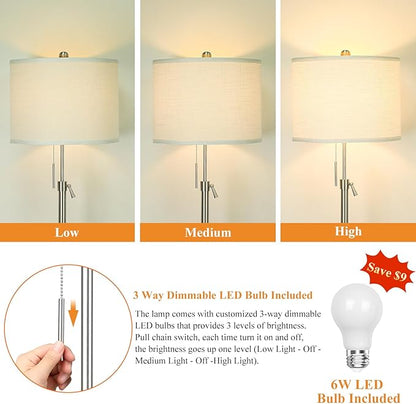 Qingmiao Brushed Nickel Floor Lamps for Living Room, 55"-67" Height Adjustable Modern Tall Lamp, 3-Way Dimmable Standing Lamp for Bedroom Office Reading Corner Home Decor, New House Warming Gifts