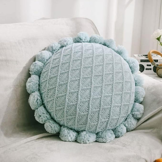 IXITON Round Creative Knitting Pompoms Pillow Sunflower Pillow Decorative Cushion Throw Pillow with Insert Plush Pillow for Couch Sofa Bed, 20 Inch (Light Blue)