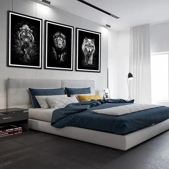 Tiger Lion Wolf Walking Framed Canvas Wall Art Ferocity Wildlife Animals Poster Wall Decor for Country Living Room Office Modern Black White Animal Artwork Decoration Easy to Hand 24x36inchx3pcs