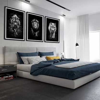 Tiger Lion Wolf Walking Framed Canvas Wall Art Ferocity Wildlife Animals Poster Wall Decor for Country Living Room Office Modern Black White Animal Artwork Decoration Easy to Hand 24x36inchx3pcs