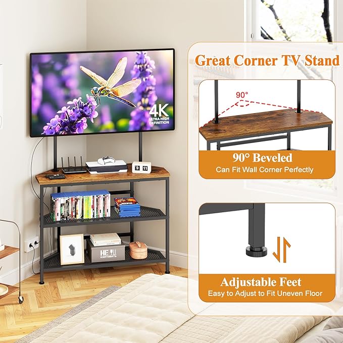23" to 60" Floor Corner TV Stand For Bedroom With Mount, Universal Corner TV Desk Table With Storage Shelves For Bedroom Small Space,Rustic Television Stands Desk,Heavy Duty Structure,Adjustable Feet