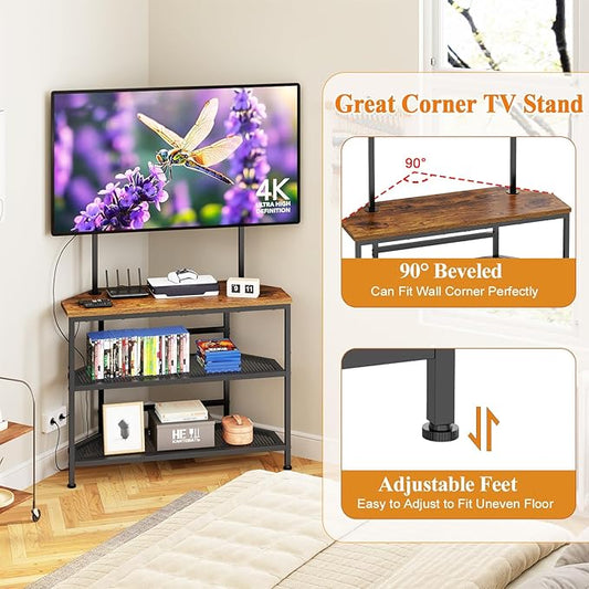 23" to 60" Floor Corner TV Stand For Bedroom With Mount, Universal Corner TV Desk Table With Storage Shelves For Bedroom Small Space,Rustic Television Stands Desk,Heavy Duty Structure,Adjustable Feet