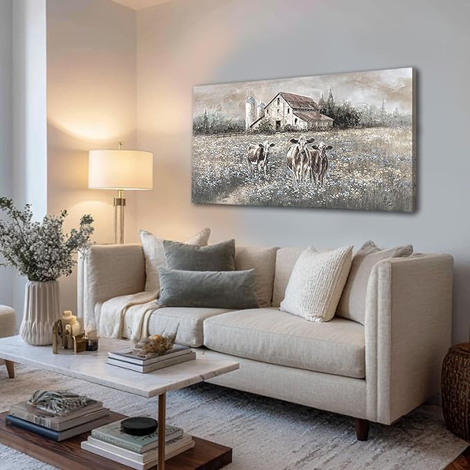 LEVERUP Farmhouse Landscape Painting, Rustic Country Barn Art,rural style decorative paintings 20x40 inch Highland cattle decor for living room bedroom