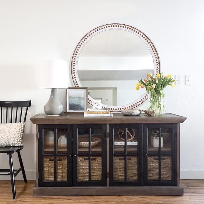 HOITUZYUS 24 Inch Rustic Round Wall Mirror, Farmhouse Wooden Circle Bathroom Vanity Mirror for Entryway, Living Room, Bedroom & Hallway Home Decor