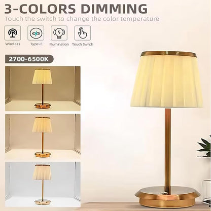 SAGAZZO Italian Style Cordless Table Lamp with Dimmer, 4200 mAh Rechargeable Battery, 3 Different Color temperatures Fabric Shade Desk Lamp, Bedside Night Lamp for Restaurant/Camp Living & Dining Room