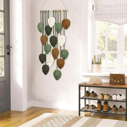 KHOYIME Vertical Macrame Wall Hanging Boho Home Decor, Long Narrow Chic Wall Art Bohemian Woven Leaves Tapestry Vintage Decorations for Front Door Indoor Entrance Living Room Bedroom 16.5"W x 37.5"L
