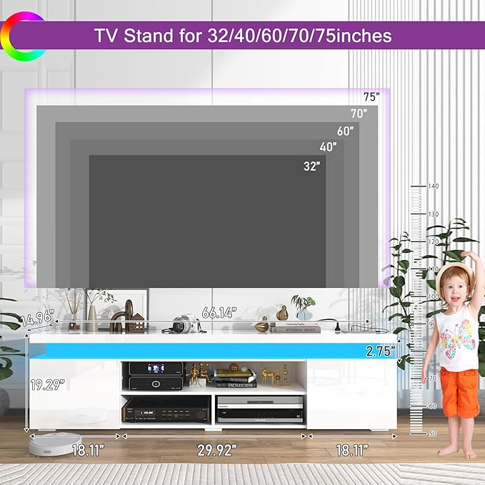 LED TV Stand for 75 Inch TV, Modern TV Stand with Power Outlet, High Gloss TV Console Entertainment Center with Storage and LED Lights for Living Room, Bedroom (66 Inch, White)