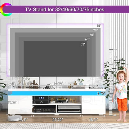 LED TV Stand for 75 Inch TV, Modern TV Stand with Power Outlet, High Gloss TV Console Entertainment Center with Storage and LED Lights for Living Room, Bedroom (66 Inch, White)