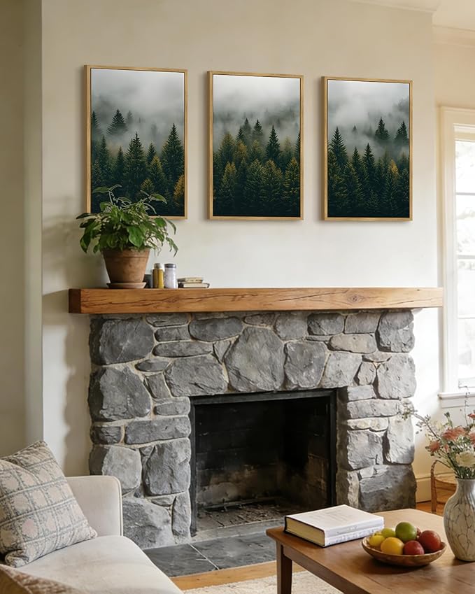 Drsoum Fog Pine Tree Landscape Wall Art Framed Nature Misty Nordic Forests Prints Morden Farmhouse Rustic Artwork Hallway Bathroom Ready to Hang 16x24in Natural Framed