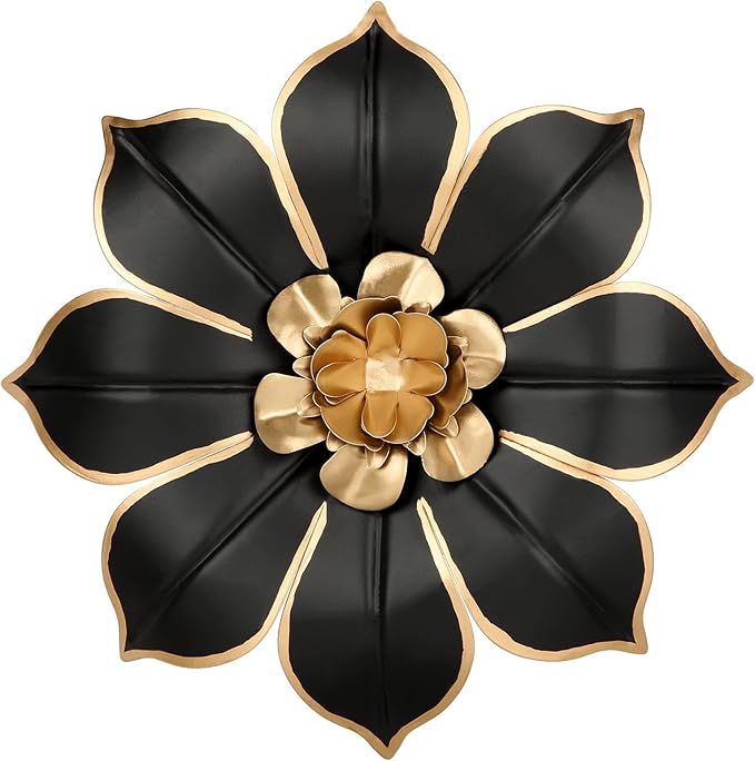 10" Metal Flowers Wall Decor, Black & Gold 3D Floral Metal Wall Art Decor for Inoor & Outdoor Use, Vintage & Modern Walls Arts for Bathroom, Living Room, Bedroom, Office, Garden, Patio, Porch, 1 Piece
