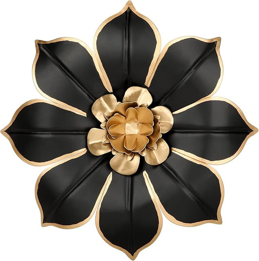 10" Metal Flowers Wall Decor, Black & Gold 3D Floral Metal Wall Art Decor for Inoor & Outdoor Use, Vintage & Modern Walls Arts for Bathroom, Living Room, Bedroom, Office, Garden, Patio, Porch, 1 Piece