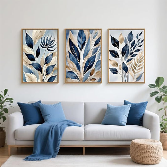 HPNIUB Blue Botanical Leaf Framed Wall Art Set,Modern Natural Blue and Gold Plant Wall Decor,Abstract Boho Minimalist Rustic Floral Leaves Artwork for Living Room, Bedroom,Office-24''x36''x3