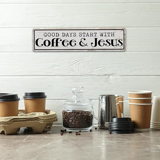Coffee Signs for Coffees Station Decor, Good Days Start with Coffee & Jesus, Vintage Metal Tin Sign for Home Kitchen Garage Cafe Decor, Coffees Lover Gifts, Decorative Metal Wall Signs 15.8x4 Inches
