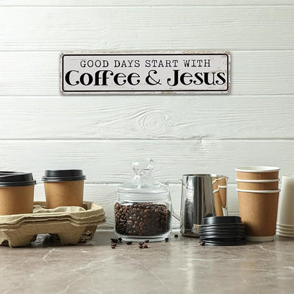Coffee Signs for Coffees Station Decor, Good Days Start with Coffee & Jesus, Vintage Metal Tin Sign for Home Kitchen Garage Cafe Decor, Coffees Lover Gifts, Decorative Metal Wall Signs 15.8x4 Inches