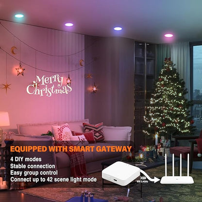 6Pack Smart RGB Recessed Light 6Inch,Ultra-Thin Canless LED Downlight,2.4GHz Wi-Fi Bluetooth Direct Connect,2700K-6500K,12W,2640lm,Work with App/Alexa/Google Assistant/Siri