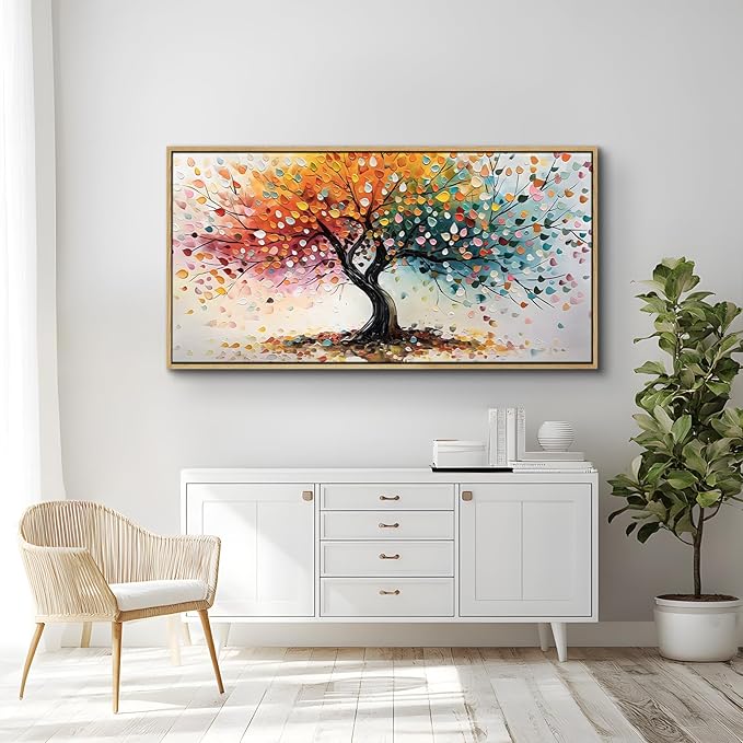 crmotu Tree of Life Large Framed Wall Art, Rainbow Tree Canvas Prints Abstract Painting, Colorful Modern Aesthetic Wall Pictures for Living Room Bedroom Bathroom Home Office Decorations 29"X57"