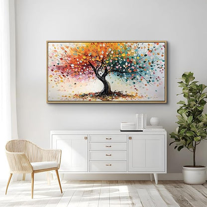 crmotu Tree of Life Large Framed Wall Art, Rainbow Tree Canvas Prints Abstract Painting, Colorful Modern Aesthetic Wall Pictures for Living Room Bedroom Bathroom Home Office Decorations 29"X57"
