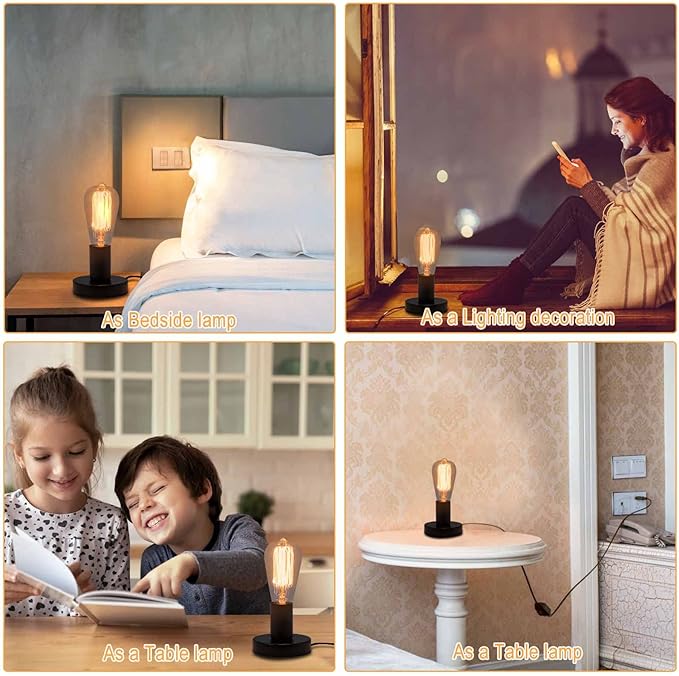 Industrial Table Lamp, Small Metal Desktop Light Socket Base, Vintage E26/E27 Edison Screw Light Bulb Holder, 5.57ft Cord, On/Off Switch, US Plug (Black, Set of 2)