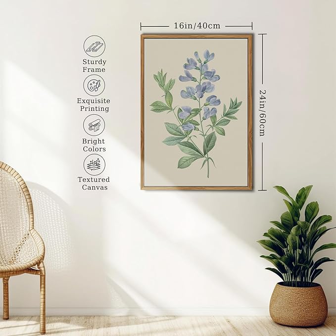 crmotu Framed Wall Art for Living Room, Blue Floral Botanical Canvas Prints, Minimalist Flower Vintage Wall Decor, Pea Branch Leaf Wall Pictures for Bathroom Bedroom Above Bed Kitchen, 16x24 inch