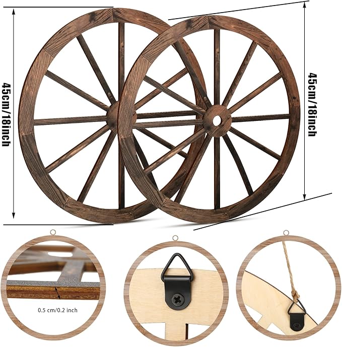Qunclay 2 Pcs Wagon Wheel Decor Wooden Western Cowboy Party Decorations Vintage Rustic Wagon Wheel Wood Cartwheel Decor for Bar Garage Indoor Outdoor (Brown,18 Inch)