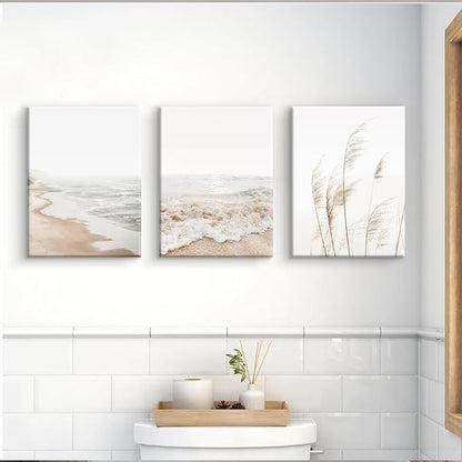 HDXUFJQ Neutral Beach Coastal Canvas Wall Art Beach Boho Botanical Pampas Grass Wall Decor Minimalist Nature Landscape Pictures Painting Summer Ocean Prints Waves Artwork(12"x16")