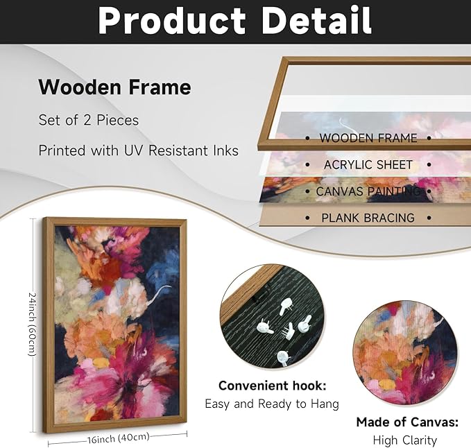 Colorful Abstract Wall Art Decor Modern Flower Canvas Wall Art Abstract Flower Pictures Painting Modern Colorful Artwork Posters Abstract Prints for Living Room Bedroom 16x24 Inch Framed Set of 2