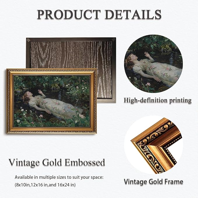 WZGZXU Vintage Gold Framed Wall Art Ophelia Canvas Painting Woman Portrait Picture Victorian Gothic Dark Academia Artwork Moody Prints For Living Room Bedroom Bathroom 16x24in