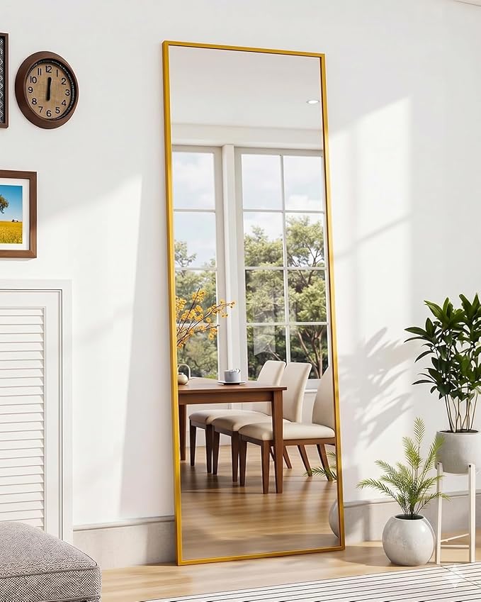Suidia Full Length Mirror, 56"x14" Floor Standing Mirror Freestanding, Full Body Mirrors with Stand for Bedroom, Hanging Mounted for Living Room Cloakroom, Gold, Rectangular Style