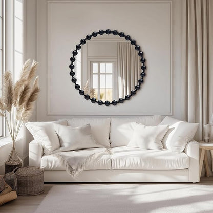 Round Black Mirror 28'', Spherical Frame Round Mirror for Living Room, Beaded Mirror for Bathroom, Dining Roon, Bed Room, Entryway