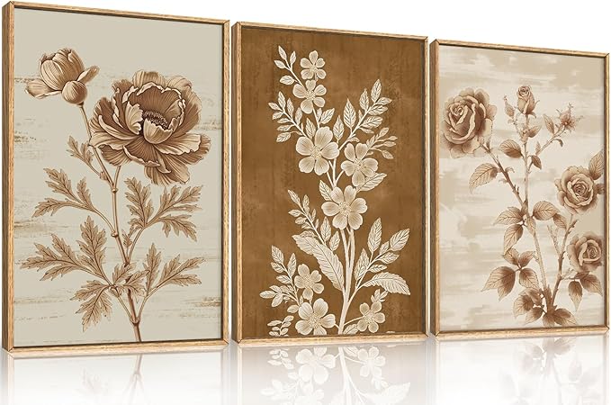 Vintage Botanical Floral Framed Canvas Print Wall Art Set,Retro Brown Rose Flowers Wall Decor,Nature Modern Elegant Poppy Boho Wildflower Artwork for Living Room,Bedroom,Office-16 x24 x3