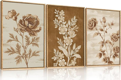 Vintage Botanical Floral Framed Canvas Print Wall Art Set,Retro Brown Rose Flowers Wall Decor,Nature Modern Elegant Poppy Boho Wildflower Artwork for Living Room,Bedroom,Office-16 x24 x3