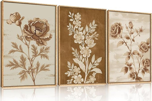 Vintage Botanical Floral Framed Canvas Print Wall Art Set,Retro Brown Rose Flowers Wall Decor,Nature Modern Elegant Poppy Boho Wildflower Artwork for Living Room,Bedroom,Office-24 x36 x3