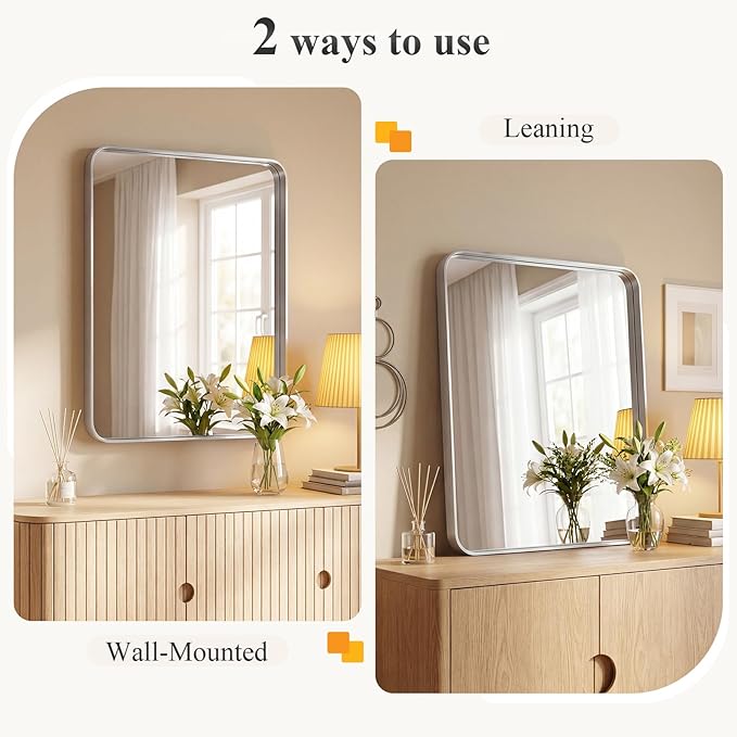 NEWBULIG 32X40 Inch Bathroom Mirror for Over Sink, Wall Vanity Mirrors Tempered Glass, Anti-Rust Metal Framed Rounded Rectangle, Hangs Horizontally or Vertically, Farmhouse Home Decor, Silvery