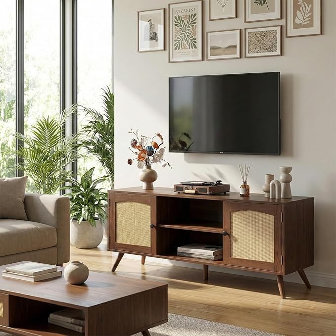 holzart Mid Century Modern Rattan TV Stand for 55/60 Inch TV - 53" Boho Media Console Table with Cane Doors & Open Shelves, Rustic Brown Entertainment Center for Living Room, Hallway, Entryway