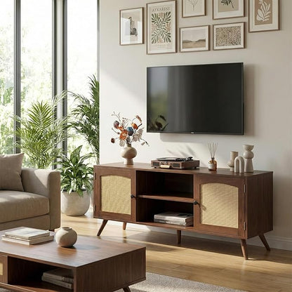 holzart Mid Century Modern Rattan TV Stand for 55/60 Inch TV - 53" Boho Media Console Table with Cane Doors & Open Shelves, Rustic Brown Entertainment Center for Living Room, Hallway, Entryway
