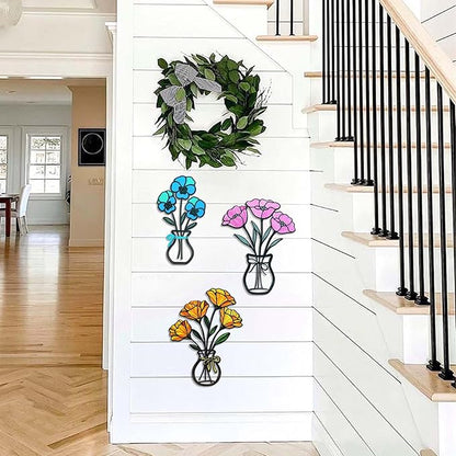 FaloStwer 3 Pieces Metal Vase Flowers Wall Arts Decor, Rustic Farmhouse Style Décor Metal Wall Decors Sculptures, Minimalist Flower Natural Themed Decorations for Home Bedroom Dining Room Housewarming Gifts(Colorful-D)
