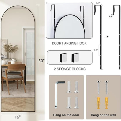 Door Mirror, Arched Full Length Mirror Over The Door, 16"x 50" Hanging or Wall Mirrors, Full Body Mirrors,Black