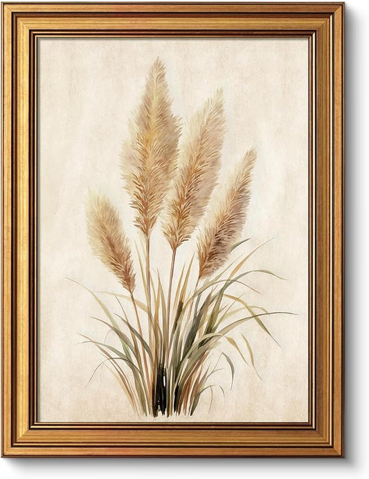 VIYYIEA Vintage Rustic Botanical Bohemian Farmhouse Neutral Wall Art Decor for Living Room Bedroom, Aesthetic Pampas Grass Watercolor Minimalist Pictures,12x16inch,Gold Framed Canvas Prints Paintings