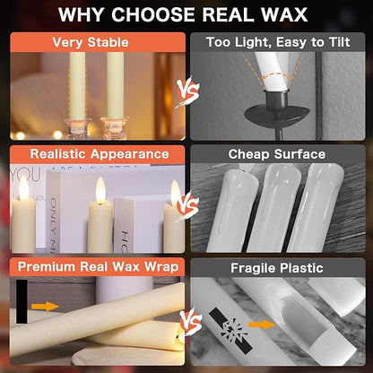 Upgraded Real Wax LED Flameless Taper Candles with Remote, KSWING 6 PCS Ivory Candle Sticks Battery Operated 3D Flickering - 9.6" Long Realistic Fake Candlesticks for Home/Wedding/Fireplace Xmas Decor