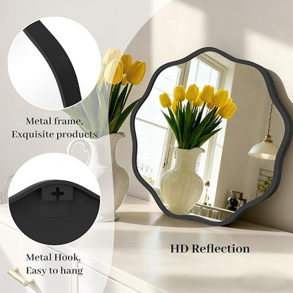 HOMECOOKIN 20" Wavy Round Wall Mirror, Black Scalloped Circle Mirror Edge Round with Metal Frame, Modern Decorative Hanging/Leaning Mirrors for Bathroom, Hotels, Hallway, Entryway, Vanity, Office