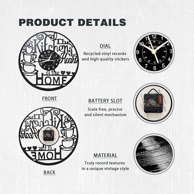 KingLive 12 Inch Kitchen Clocks Vinyl Record Clock, Creative Kitchen Home Decor, Coffee Wall Decor Theme for Restaurant Café, Gift for Women Wives(Black Coffee Cup)