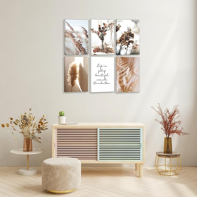 HoozGee Framed Nature Canvas Wall Art Prints Built-in Wooden Frame Botanical Art Wall Decor Reed Dried Flower Plant Poster for Home Bedroom Living Room Decor (8"x12" FRAMED)