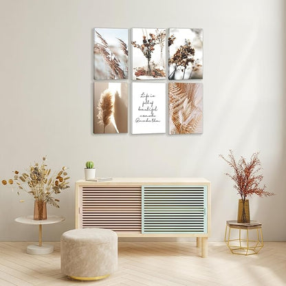 HoozGee Framed Nature Canvas Wall Art Prints Built-in Wooden Frame Botanical Art Wall Decor Reed Dried Flower Plant Poster for Home Bedroom Living Room Decor (12"x16" FRAMED)
