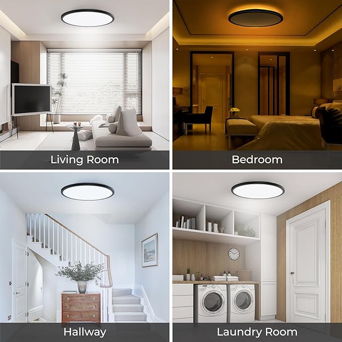 Matane 15.4in Dimmable LED Flush Mount Ceiling Light with Night Light, 36W Ceiling Lighting Fixture, 3000K/4000K/5000K Selectable, Low Profile Ceiling Lights for Bedroom, Kitchen, Hallway, Black