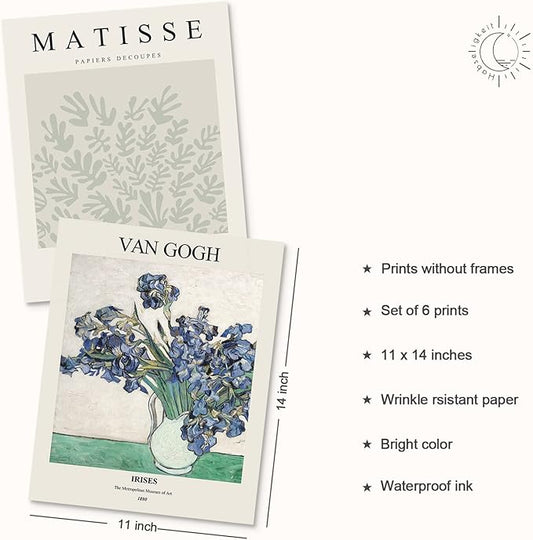 Habseligkeit Matisse Posters for Room Aesthetic, Flower Market Poster, Van Gogh Room Decor Aesthetic Vintage Prints for Wall Decor Unframed, 11x14in, Set of 6