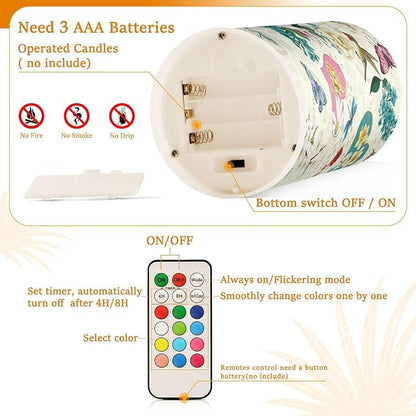 Beautiful Spring Flowers Butterflies Hummingbirds Flickering Flameless Candles Battery Operated with Remote Timer,Tea Light Candles LED Pillar Votive Candles set of 2 for Outdoor Indoor Decorations