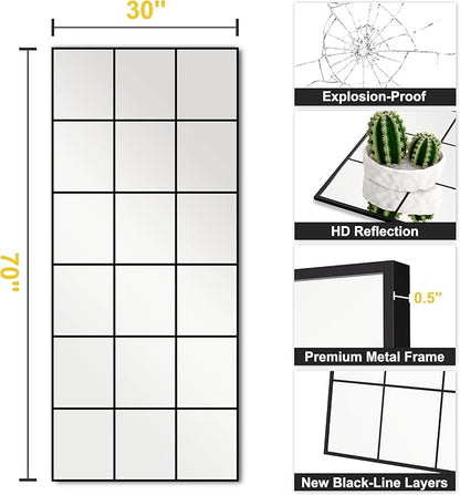 Large Window Pane Full Length Mirror for Wall, 30"x70" Oversize Black Full Body Wall Mirror for Living Room, Bedroom, Entryway, Hanging or Leaning