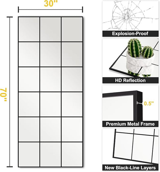 Large Window Pane Full Length Mirror for Wall, 30"x70" Oversize Black Full Body Wall Mirror for Living Room, Bedroom, Entryway, Hanging or Leaning